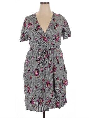 torrid Black & White Striped Midi Wrap Dress with Pink Floral Print